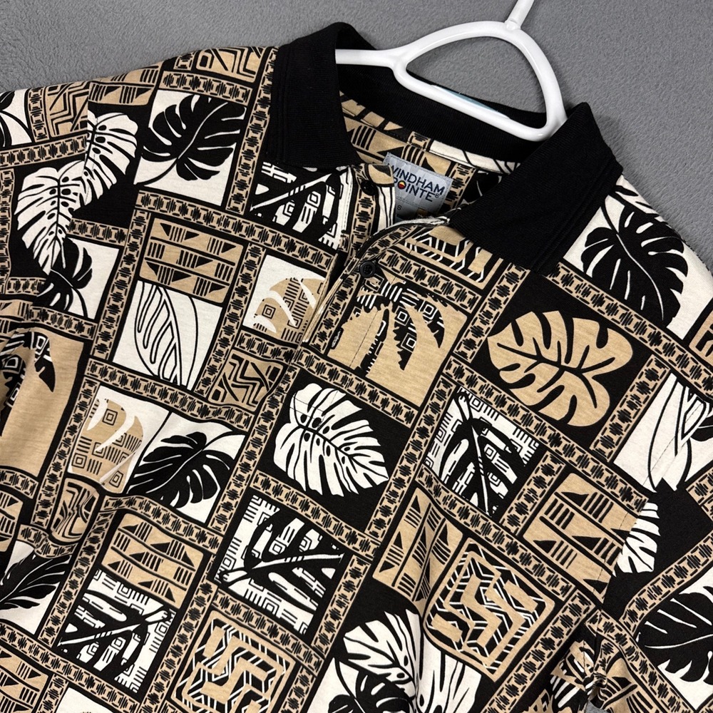 Windham Pointe Polo Shirt Mens Small Brown Black Tropical Tribal Monstera Palm